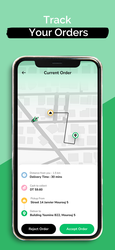 Smartphone showing the Sparow Couriers app with a delivery route map and order information