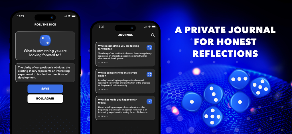 Mindful Dice app interface showing the daily reflection prompt screen and the private journal history.