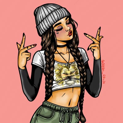 realistic teenage girl with braids and a beanie and crop top doing 🫶🏼