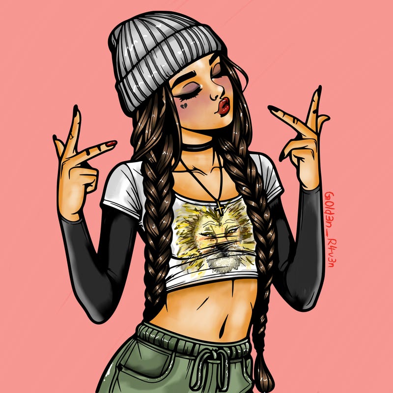 realistic teenage girl with braids and a beanie and crop top doing 🫶🏼