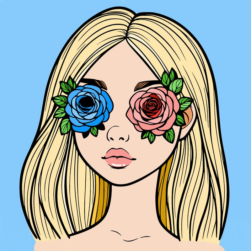 a realistic girl with roses for eyes