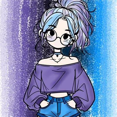 girl with a messy ponytail glasses a baggy crop top and jean shorts