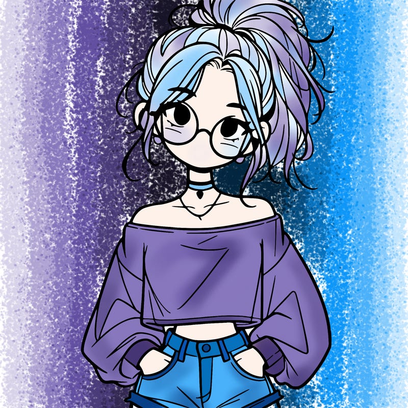 girl with a messy ponytail glasses a baggy crop top and jean shorts