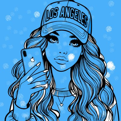 realistic beautiful girl wearing los ángeles cap holding an iphone
