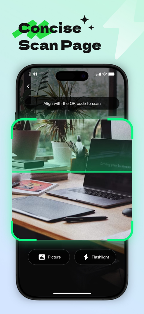 QR Scanner - Create, Scan - QR Scanner mobile app interface showing the concise scan page with camera viewfinder and alignment frame