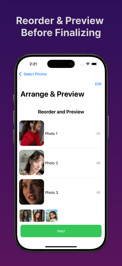 Interface para reordenar e visualizar fotos no aplicativo AI Video Studio.