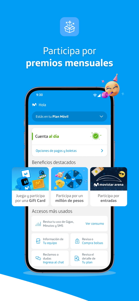 Mi Movistar Chile - Panel de la app Mi Movistar Chile mostrando detalles de la cuenta y premios mensuales