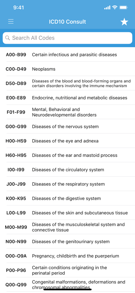 Main screen of ICD10 Consult app listing medical code categories and search bar