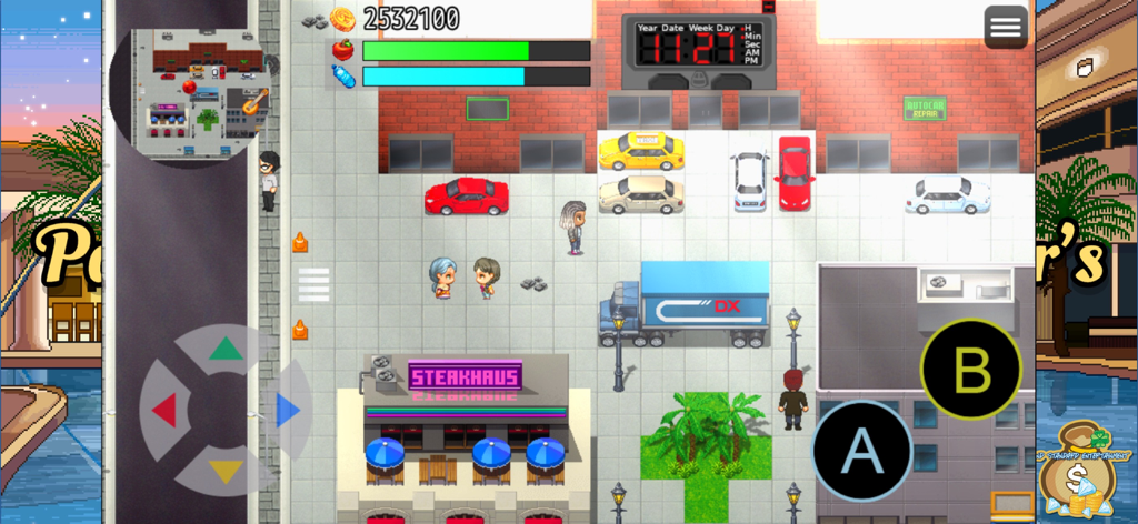 Top-down gameplay screenshot of Paper Chaser's showing pixel art characters and cars in an urban street setting