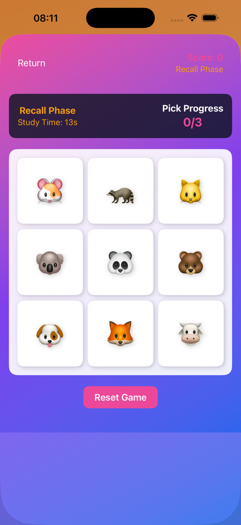 AniRetroUpTCd - 記憶段階中の、かわいい動物のアイコンの3x3グリッドを特徴とする記憶論理パズルの画面。