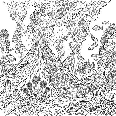 Unleash your creativity with this incredible coloring page featuring dramatic erupting submarine volcanoes. Explore a vibrant underwater ecosystem filled with unique marine life and the thrill of deep-sea discovery.