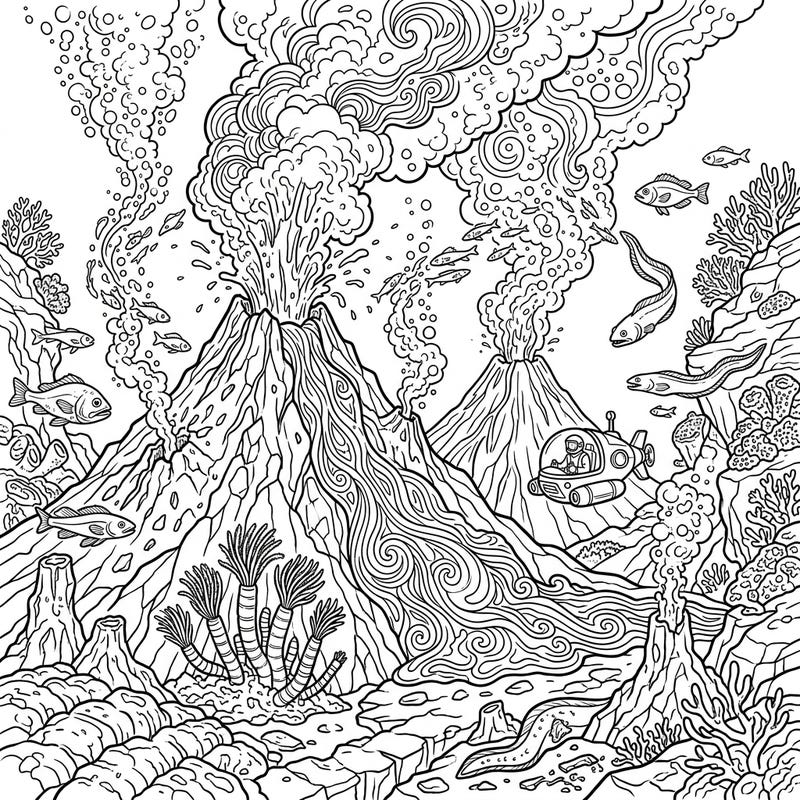Unleash your creativity with this incredible coloring page featuring dramatic erupting submarine volcanoes. Explore a vibrant underwater ecosystem filled with unique marine life and the thrill of deep-sea discovery.