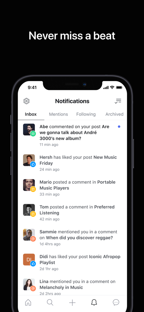Qobuz Club - Uno schermo mobile che mostra le notifiche nell'app Qobuz Club con commenti degli utenti e like su varie discussioni relative alla musica.