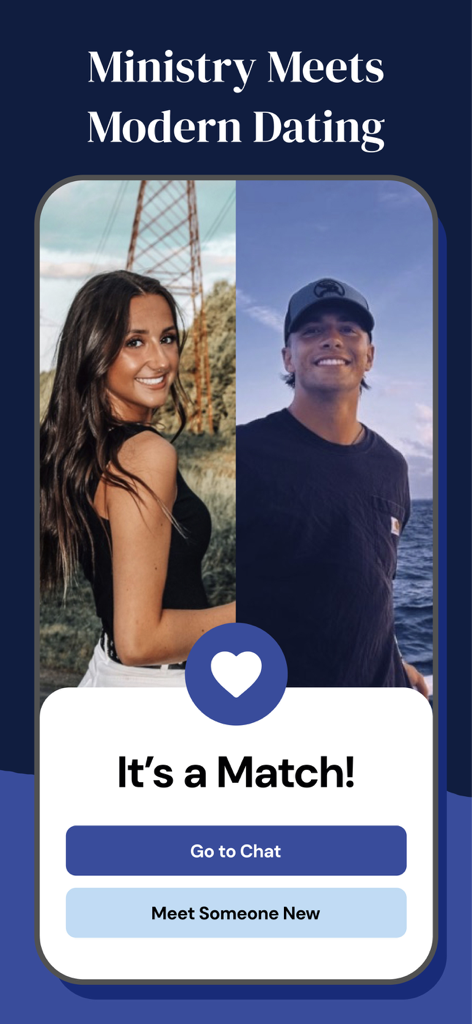 Écran de correspondance de l'application de rencontre chrétienne Ark montrant un homme et une femme avec le texte C'est un match.