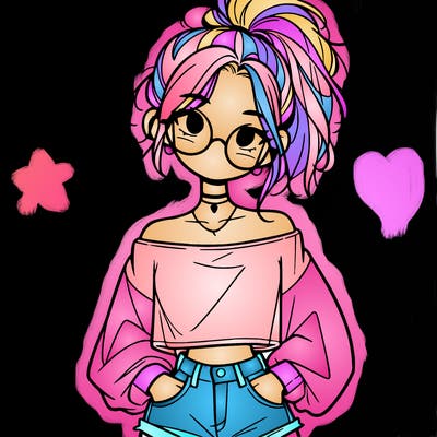 girl with a messy ponytail glasses a baggy crop top and jean shorts