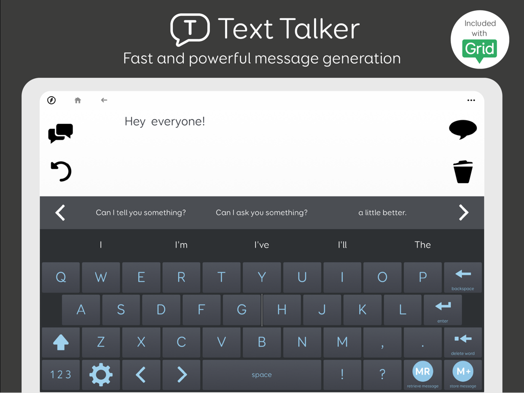 メッセージ作成用の単語予測機能付きキーボードを表示する、Grid for iPad AACアプリのText Talkerインターフェース