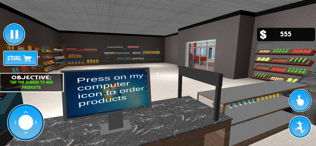 Supermarket Manager Sim 3D - A first-person view of the checkout counter and computer for ordering products in a supermarket simulation game