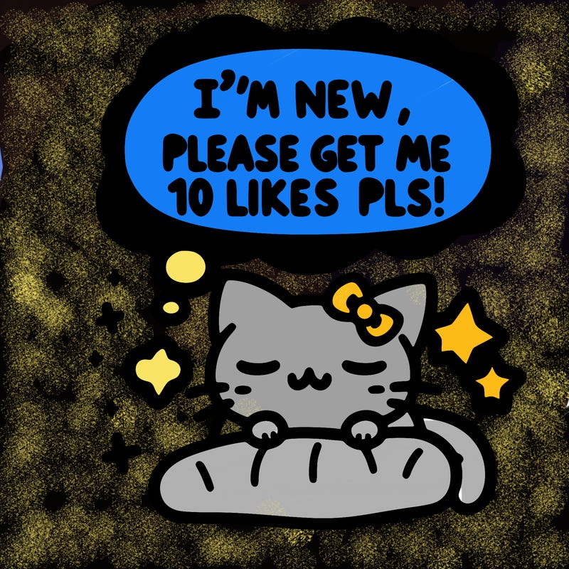 kitty taking a nap dream talking and saying "i'm new, please get me at least 10 likes pls!!"