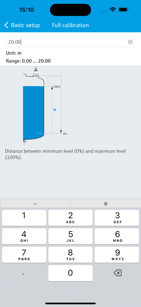 Endress+Hauser SmartBlue - SmartBlue app interface showing tank level calibration and numeric configuration for industrial sensors