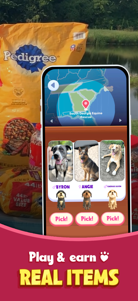 TREAT: Play & impact REAL dogs - A smartphone showing the TREAT app interface where users can select a real rescue dog to help from a map