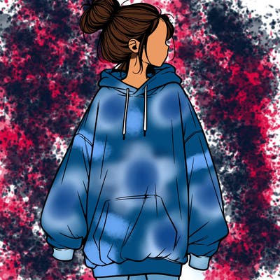 realistic girl with a oversized sweatshirt on and a bun