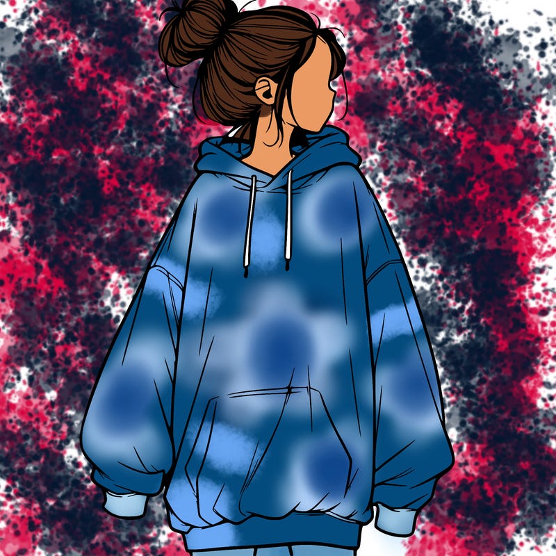 realistic girl with a oversized sweatshirt on and a bun