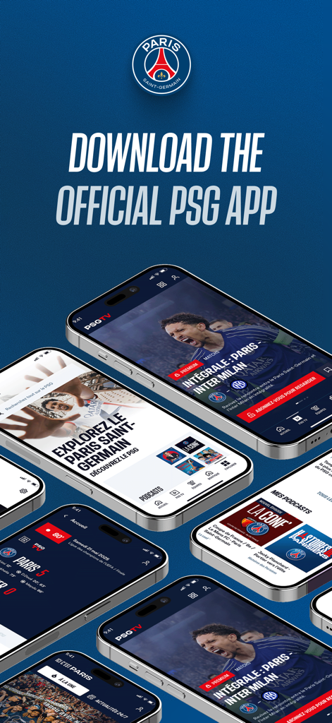 PSG Official - Multiple iPhones displaying various screens of the PSG Official mobile app including videos and match stats.