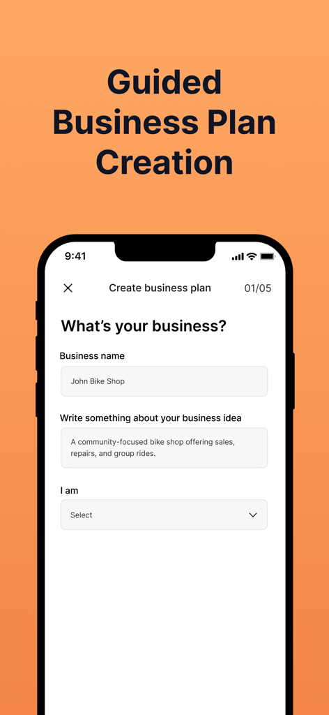 Bizplanr - AI Business Planner - Bizplanr app interface for guided business plan creation showing form fields for business name and description