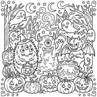 Get ready for a spooky good time with this Halloween coloring page featuring a whimsical gathering of monsters and creatures. Grab your crayons and bring this festive scene to life with your favorite colors.
