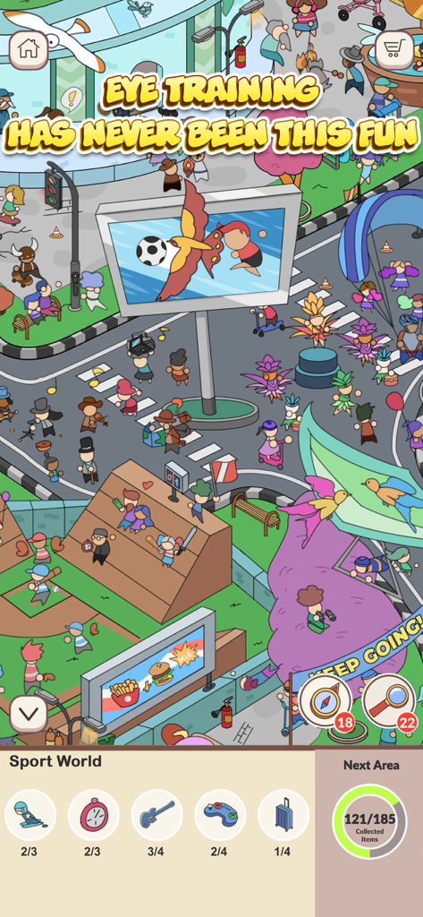 A detailed scavenger hunt level in Sport World showing various cartoon characters and hidden items to find