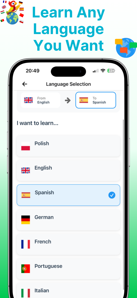 Schermata dell'app di apprendimento delle lingue Rico che mostra opzioni per scegliere una lingua di destinazione come spagnolo, francese o tedesco