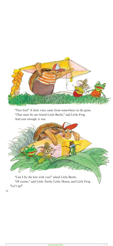 Ladybug: Fun stories & songs - A page from the Ladybug app showing a story about a turtle with a kite and his animal friends.