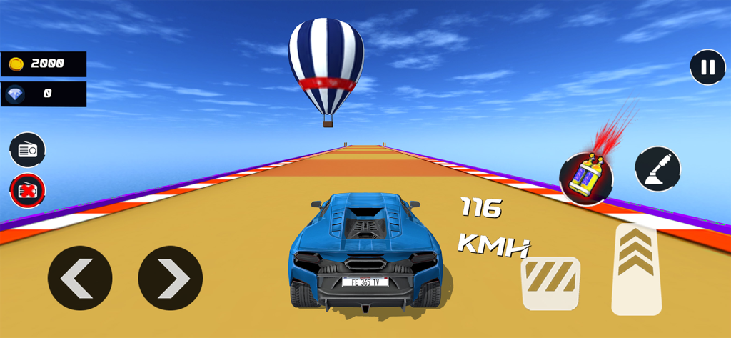 Mega Ramp Stunts - Car Games - Coche deportivo azul corriendo en una mega rampa con un globo aerostático de fondo