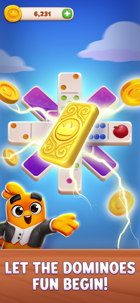 An orange cartoon character in a tuxedo presenting domino tiles and a golden royal bar.