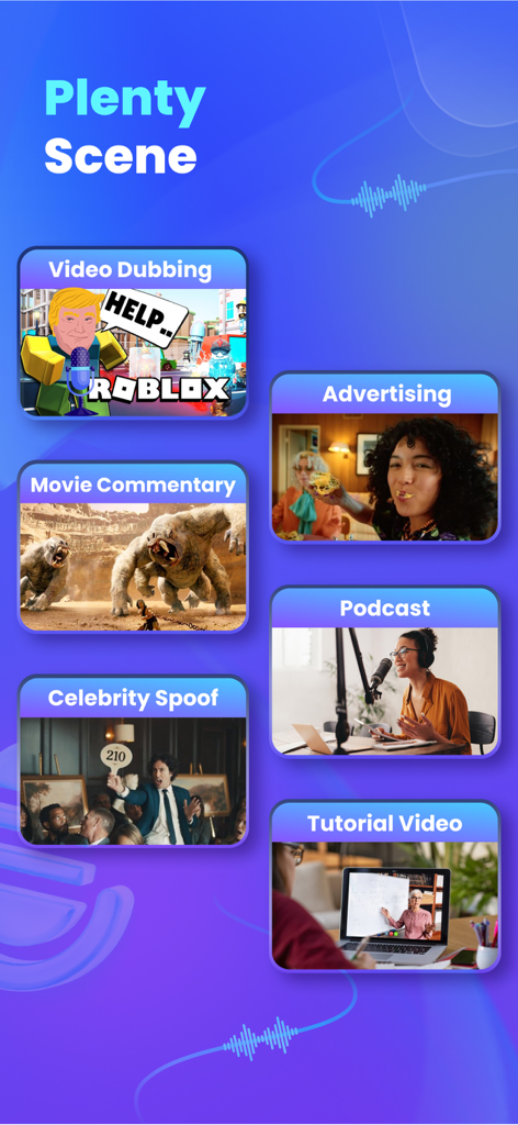 La aplicación VoxBox AI muestra casos de uso de locución para doblaje de video, podcasts y parodias de celebridades