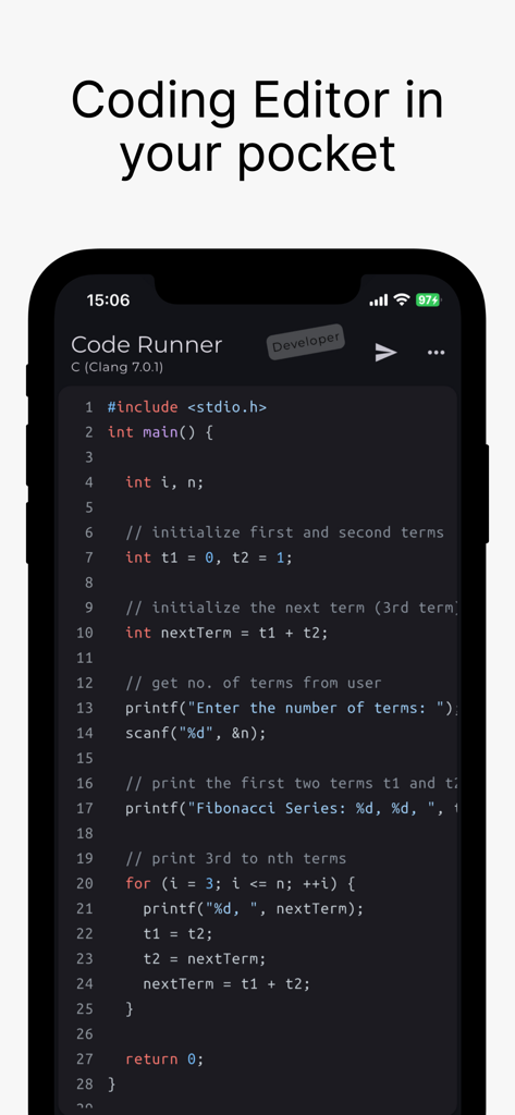 Smartphone displaying the Code Runner mobile IDE interface with C code syntax highlighting