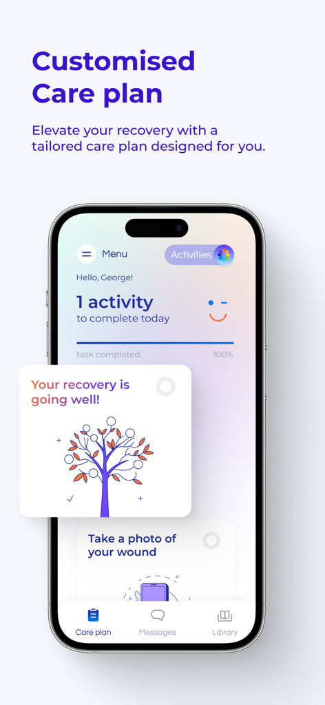 Post Op app interface displaying a personalised care plan and recovery progress for surgical patients