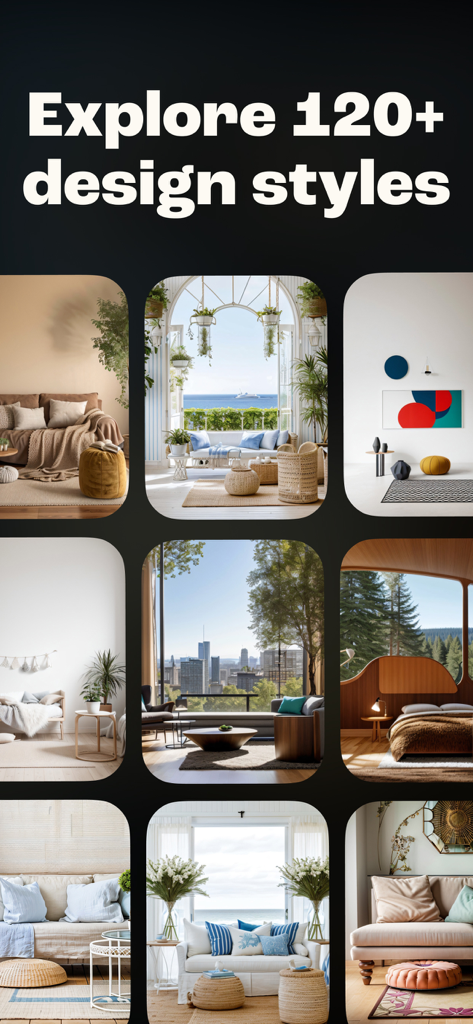 Al Interior Design - Deco - Deco 앱에서 생성된 해안, 모던, 보헤미안 스타일을 포함한 다양한 인테리어 디자인 스타일 쇼케이스.