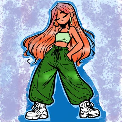 girl in baggy pants crop top and long hair