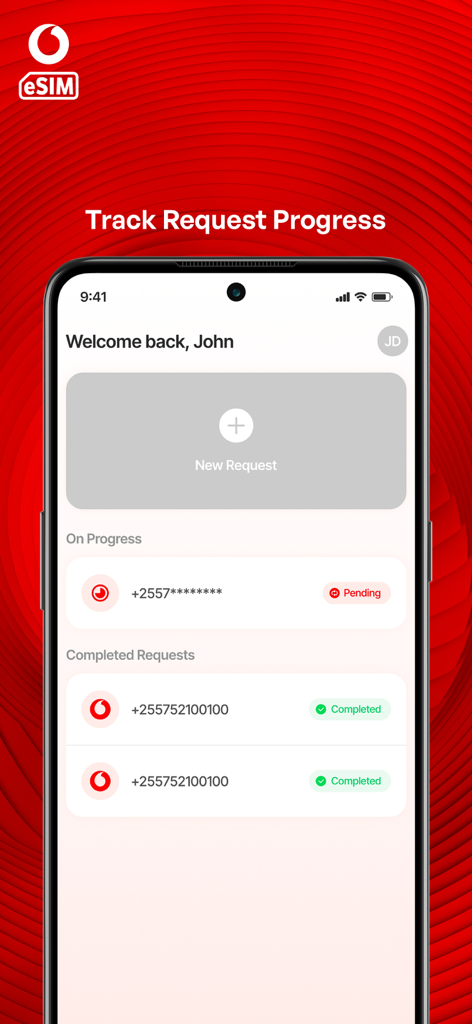 Vodacom eSIM app dashboard showing the progress of eSIM registration requests including pending and completed statuses