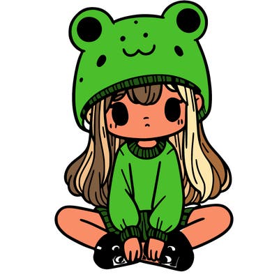 a girl wearing a frog hat and some frog socks