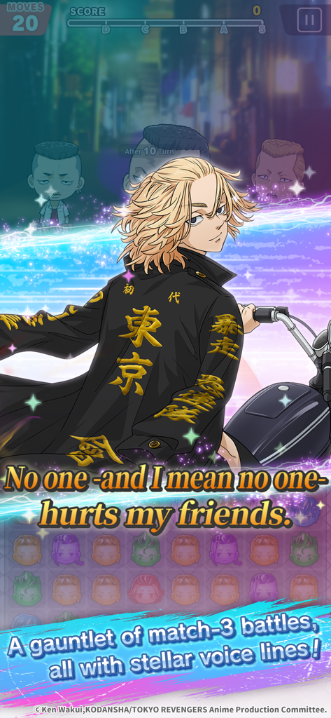 Tokyo Revengers PUZZ REVE! - Mikey on a motorcycle above a match-3 puzzle grid in Tokyo Revengers PUZZ REVE.