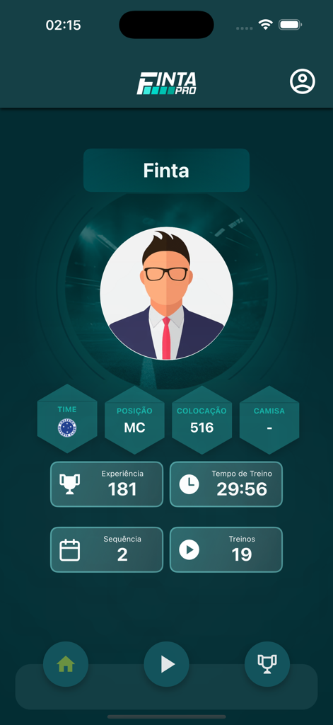 Finta PRO - Painel de perfil do aplicativo Finta PRO com estatísticas de desempenho de futebol e rankings