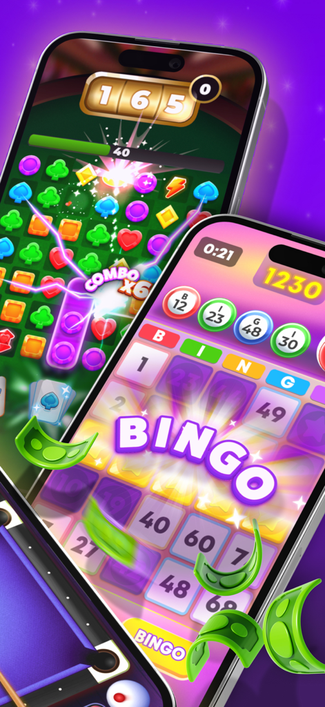 Blitz - Win Cash - Dois iPhones mostrando jogos de bingo e quebra-cabeça match-3 do aplicativo Blitz Win Cash com ilustrações de dinheiro flutuantes