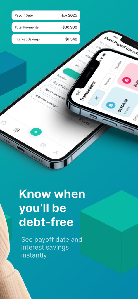 Cash Now + - Dos iPhones mostrando la aplicación Cash Now Plus con fechas de pago de deudas y ahorros de intereses.