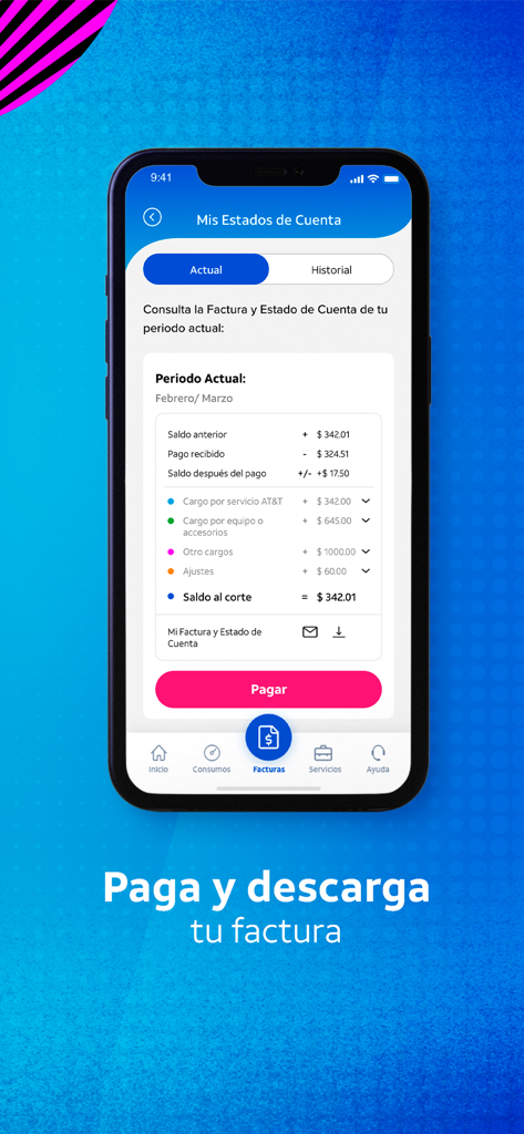 Mi AT&T - Interface of the Mi AT&T app showing account statement details with options to pay and download invoices in Spanish