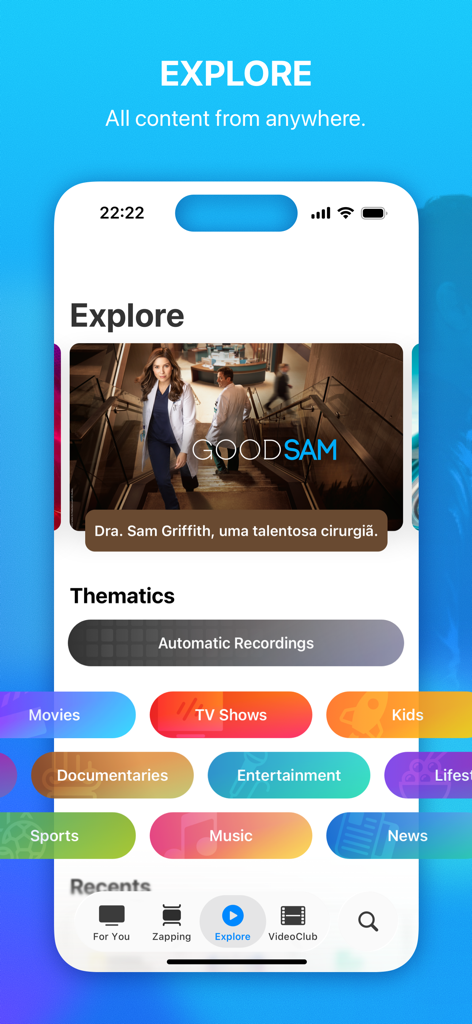 La pantalla Explorar de la aplicación MEO Go mostrando categorías temáticas como Películas, Programas de TV, Niños y Deportes