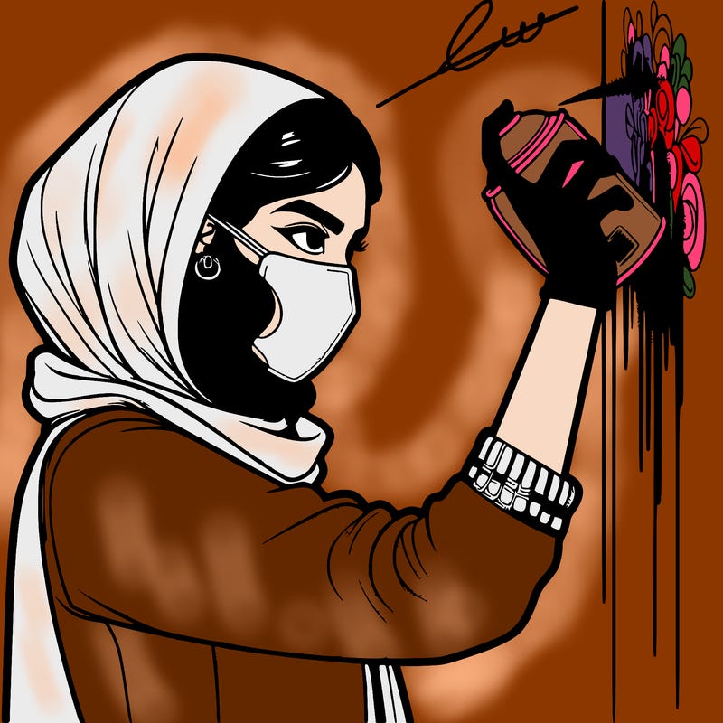 realistic girl with mask spray painting a wall