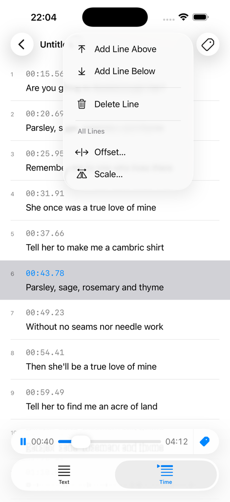 LRC Maker app interface showing a list of timed lyrics with a menu for adding deleting and offsetting lines