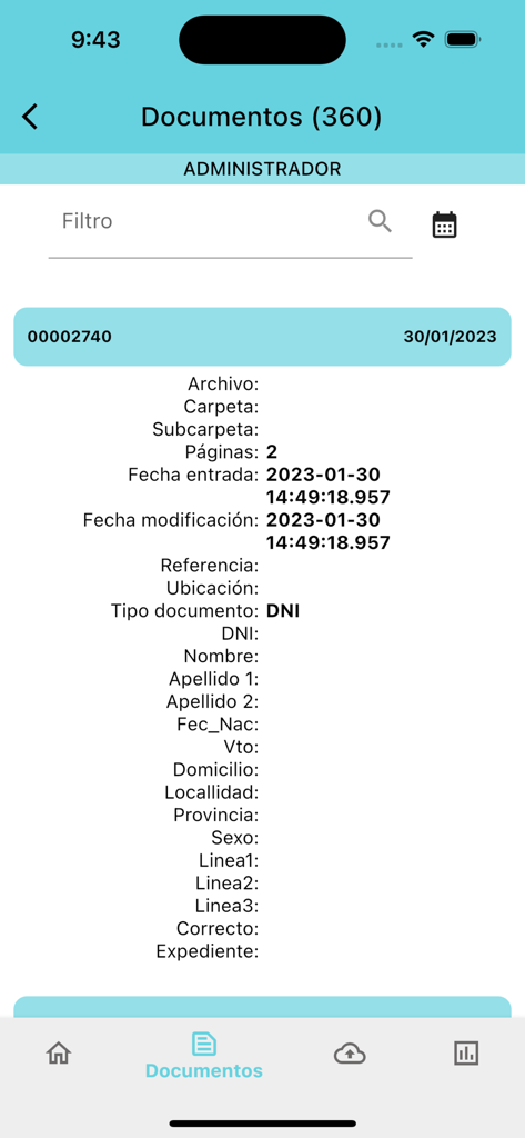 Connect Matrix - Connect Matrix mobile app interface showing document details and administrator view.